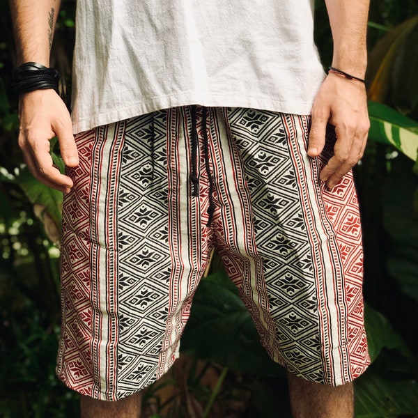 Tribal Cotton Shorts Aztec outfit Burning man Geometric Bohemian fashion Street men Summer Natural linen clothing Nomadic style Men