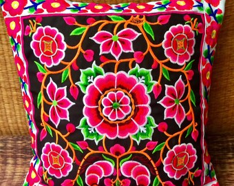 Boho broderi fågelmotiv blommor tribal Hmong kuddfodral örngott handgjort kuddfodral kullstam heminredning sängdekor unik gåva