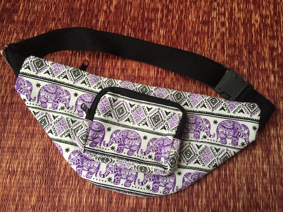 Purple Fanny pack elephants printed Hip bag Boho bum bag Sac banane Hipster Styles belt belly Pouch Travel phanny waist bags Ikat Unisex Men