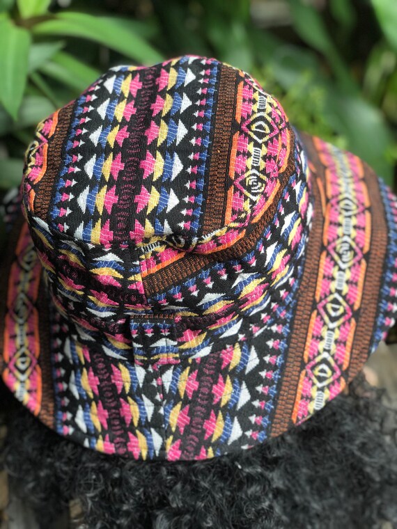 Fishing Hat Bucket Hat Aztec Native Tribal Ethnic Design Men Women Hippie Festival Outfit Jacquard Cotton Round Hat Handmade Funky Gift