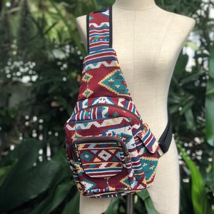 Southwestern Chest pack Sling Bag Festival Tribal Boho Woven backpack Men Women Hippie Style Baja Crossbody bag Traveler Vegan Gift Unique