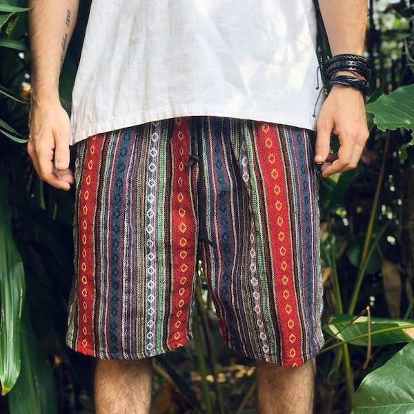 Unique tribal Geometric Shorts Aztec festival outfit Burning man Bohemian fashion Street men Summer clothing Vegan natural Cotton earth tone