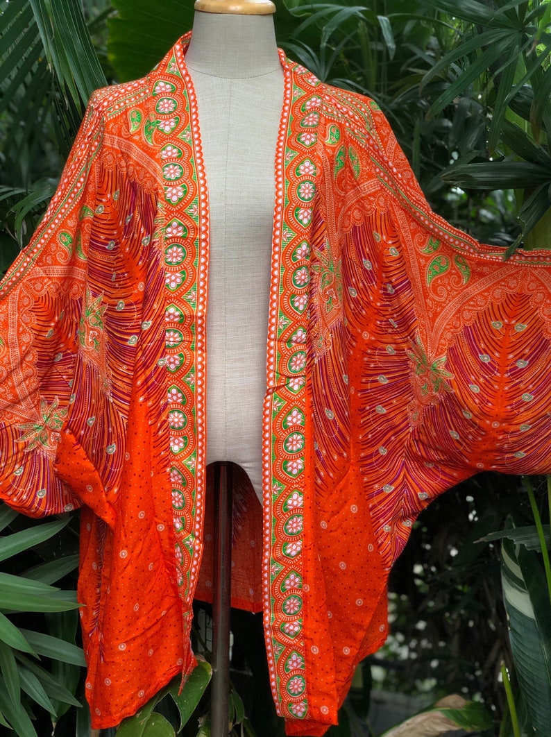 Festival Kimono Cardigan blazer Hippie Gypsy Bohemian Boho Rave outfit Peacock Paisley Top Cover Summer plus size Burning man women men gold Orange