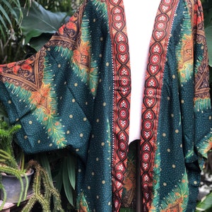 Festival Kimono Cardigan blazer Hippie Gypsy Bohemian Boho Rave outfit Peacock Paisley Top Cover Summer plus size Burning man women men gold Green