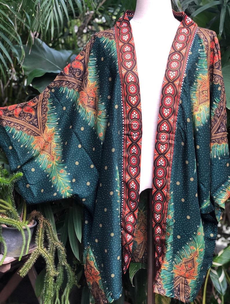 Festival Kimono Cardigan blazer Hippie Gypsy Bohemian Boho Rave outfit Peacock Paisley Top Cover Summer plus size Burning man women men gold Green