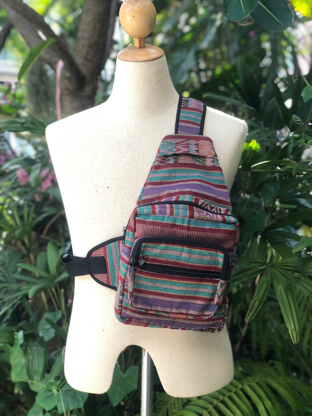 Boho Woven Multi Color Striped Sling Backpack Convertible Shoulder Bag Hippie K3 Boho Himalayan Cotton Sling Backpack: Travel Chest Bag - Etsy main image 3