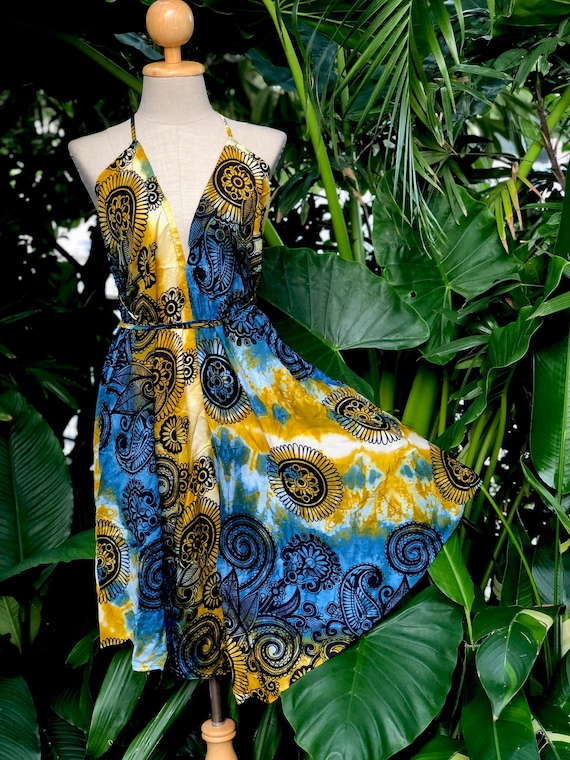 Colorful Boho Paisley Hippie Trippy Dress Bohemian V Neck Backless Style  Festival Beach Summer Sexy Tie Dye Print Party Gypsy Women Chic Blu