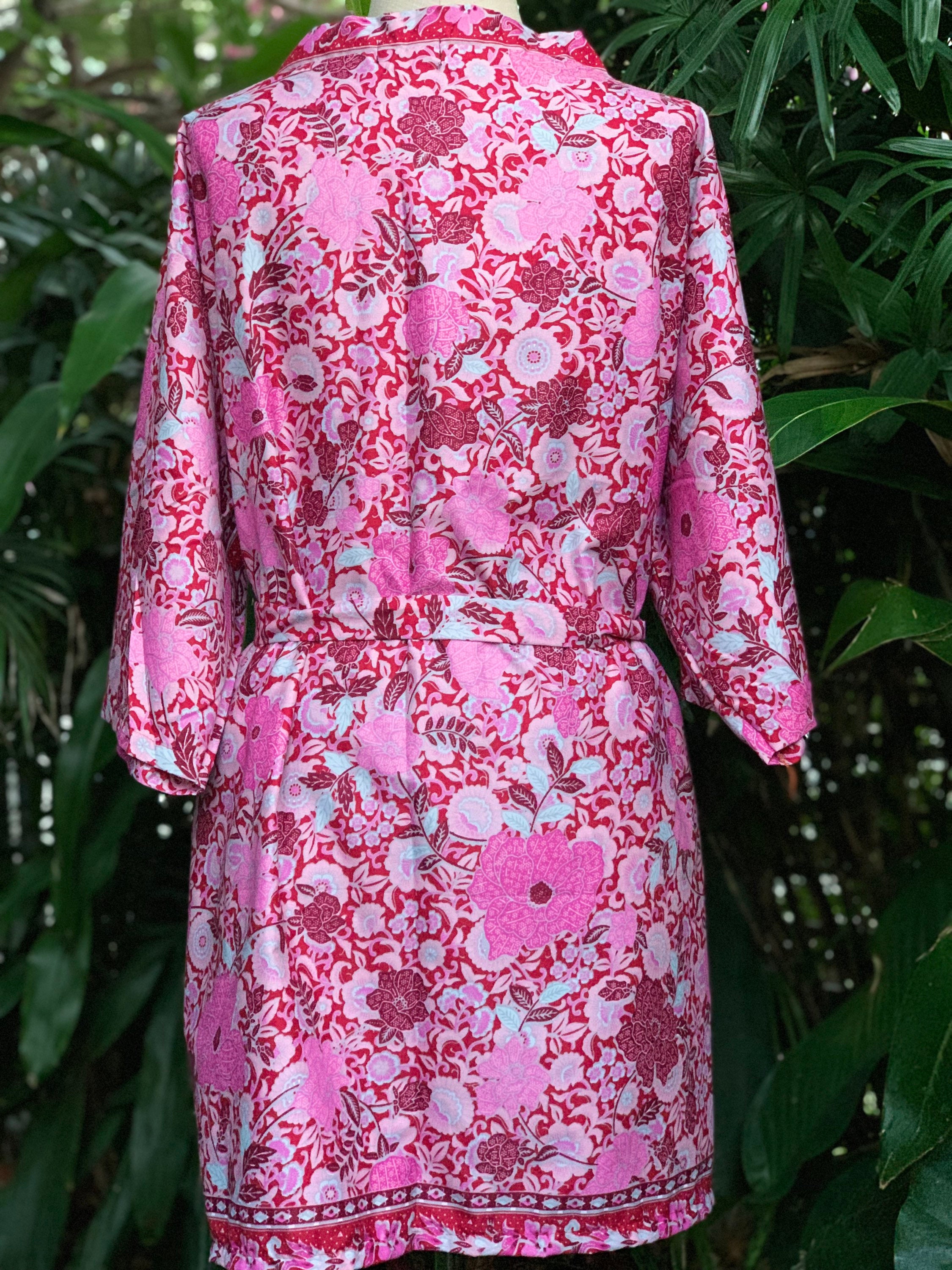 Pink Floral Batik Kimono Robe - Cotton Japanese Yukata Style - Etsy