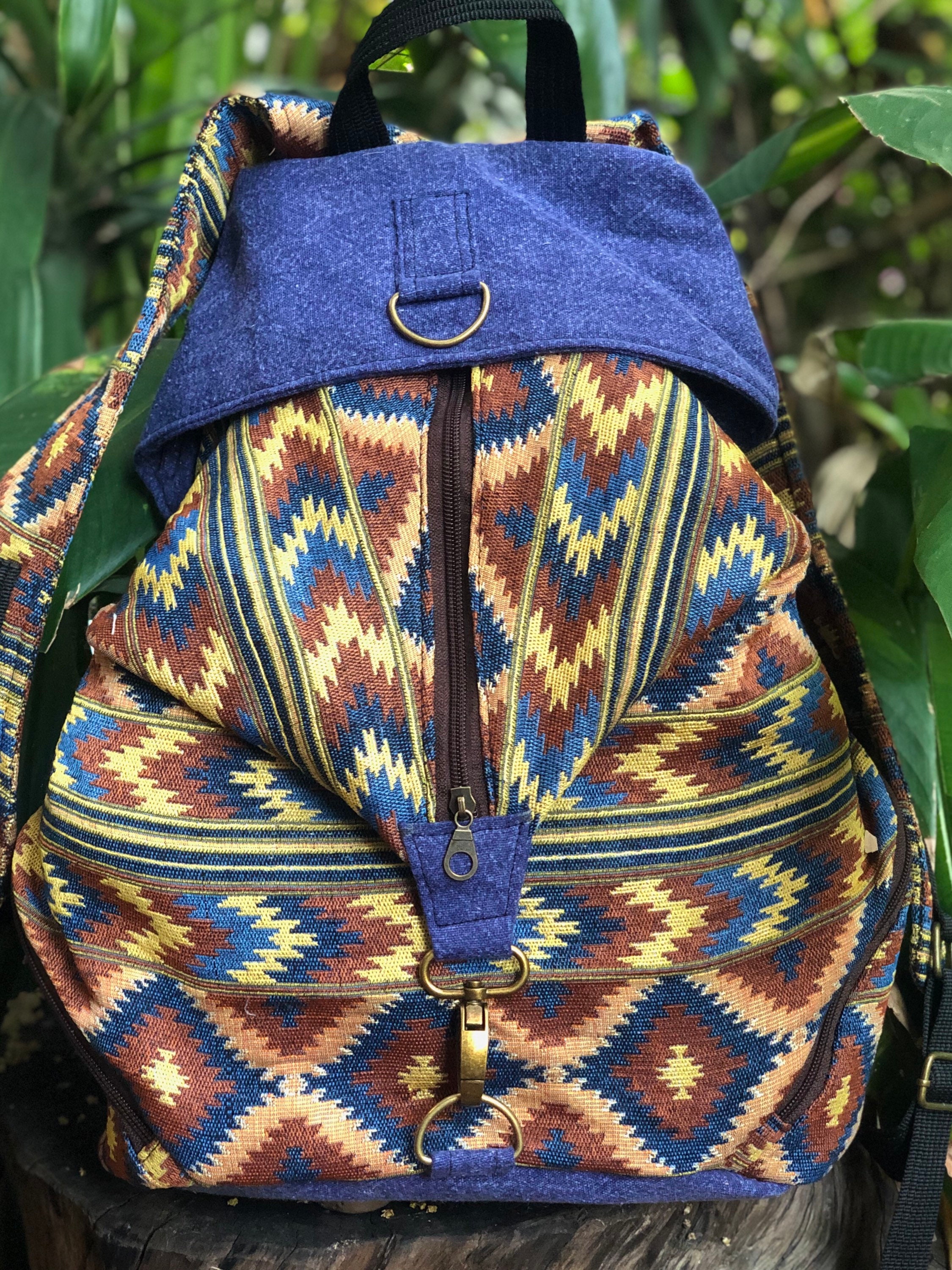 NWOT Golden Yellow Tribal Pattern Backpack Large BAG Baja Unique Backpack Ethics Hippie Drug Rug Fabric Gypsy  main image 4