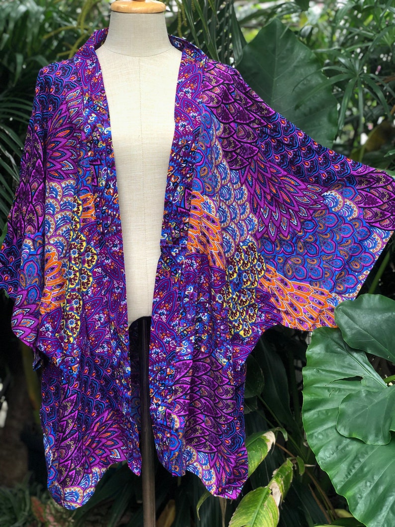 Purple Peacock Boho Kimono Cardigan Hippie Oversize Gypsy Bohemian Tribal style colorful Rave Music festival outfit Summer plus size women Purple