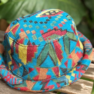Aztec Colorful boho Rolled Bucket Hat Stylish ikat design Hipster hat men Hippie Rave Festival Canvas Cotton hat handmade Funky gift Blue