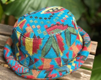 Aztec Colorful boho Rolled Bucket Hat Stylish ikat design Hipster hat men Hippie Rave Festival Canvas Cotton hat handmade Funky gift Blue