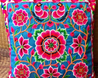 Boho broderi fågelmotiv blommor tribal Hmong kuddfodral örngott handgjort kuddfodral kullstam heminredning sängdekor unik gåva