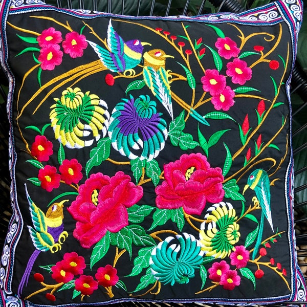 Budgie bird Colorful Embroidered Flowers Boho Tribal Hmong Pillow cover case cushion Hill tribe hippie gypsy bohemian Home bed decor gift
