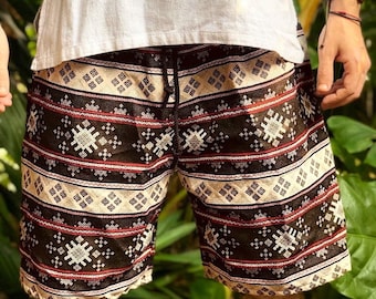 Bomullsshorts festival geometrisk outfit herr Burning Man Streetwear naturlig vävd hippiekläder geometri Ikat Aztec zigenare mode brun