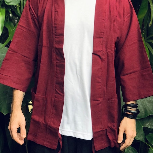 Kimono de algodón y lino, chaqueta boho para hombre y mujer, chaqueta rústica, blazer, estilo festival, boho callejero, estilo japonés zen, ropa de estar por casa natural, rojo granate