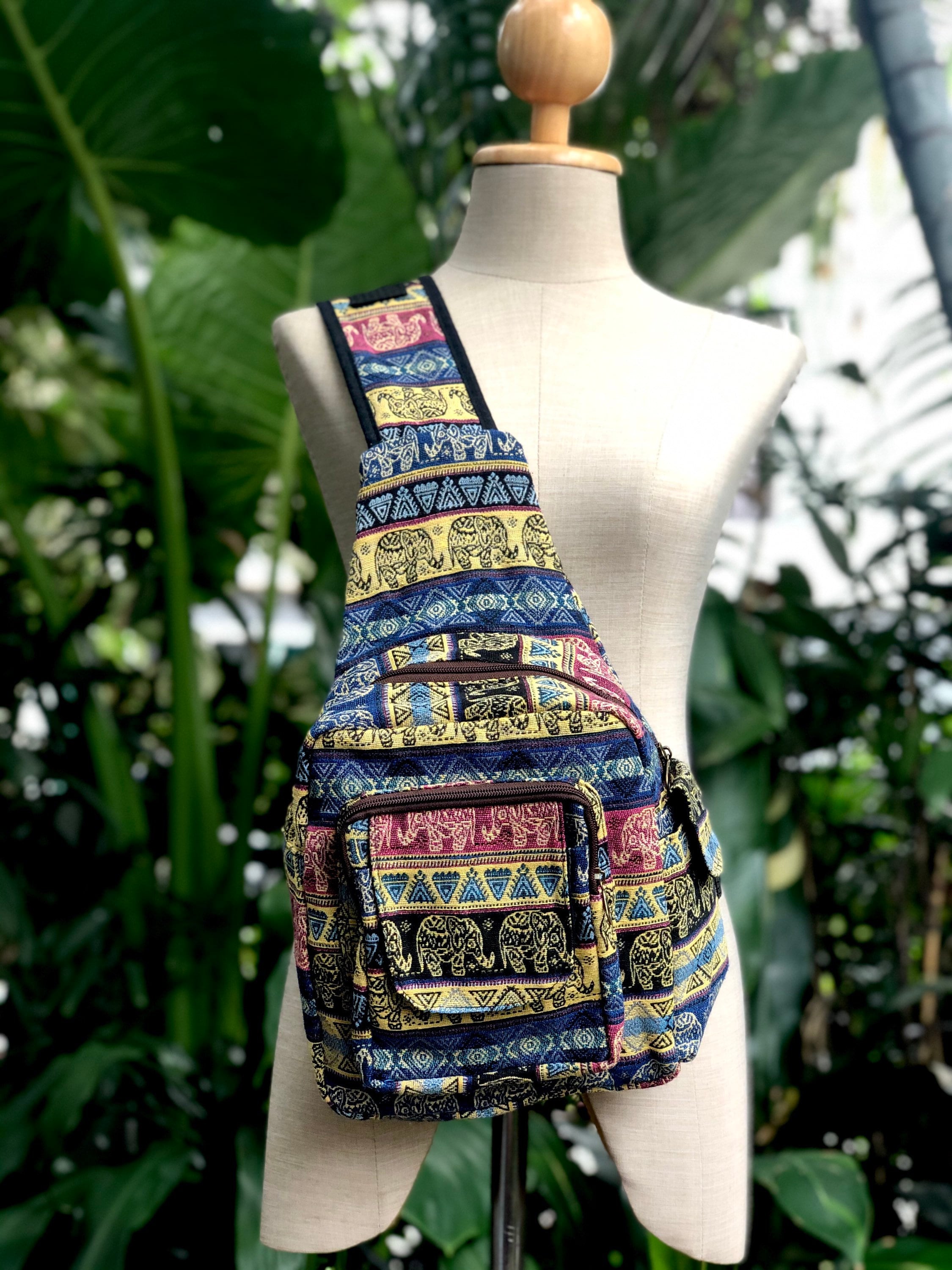 Hippie Crossbody Bag Large size Top Zip Cotton Sling Bag Jacquard cloth  Handmade Bags