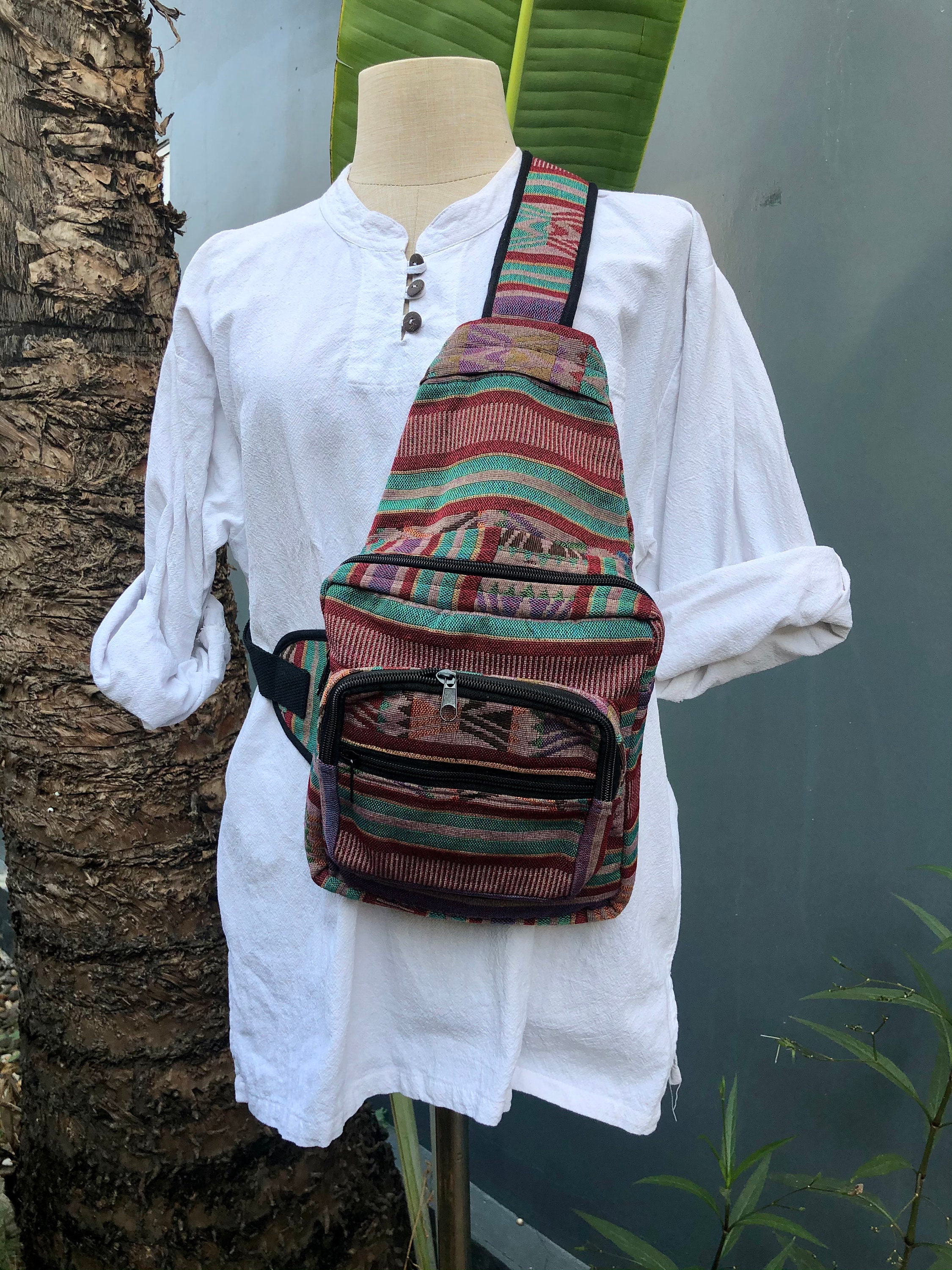 Boho Woven Multi Color Striped Sling Backpack Convertible Shoulder Bag Hippie K3 Boho Himalayan Cotton Sling Backpack: Travel Chest Bag - Etsy main image 2