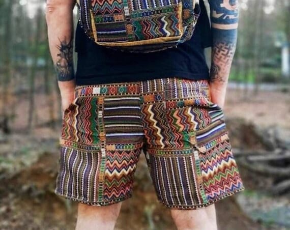 Short tribal homme tissé aztèque hippie bohème festival tsigane végétalien  vêtements style sud-ouest de la plage été Burning man tenue unique cadeau  végétalien -  France