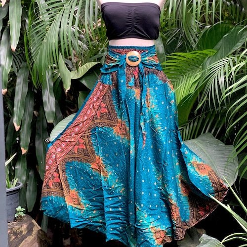 Peacock Maxi Skirt Halter Dress Hippie Bohemian boho Chic Fairycore style for Beach Summer Festival Unique Women Coconut buckle Green Teal