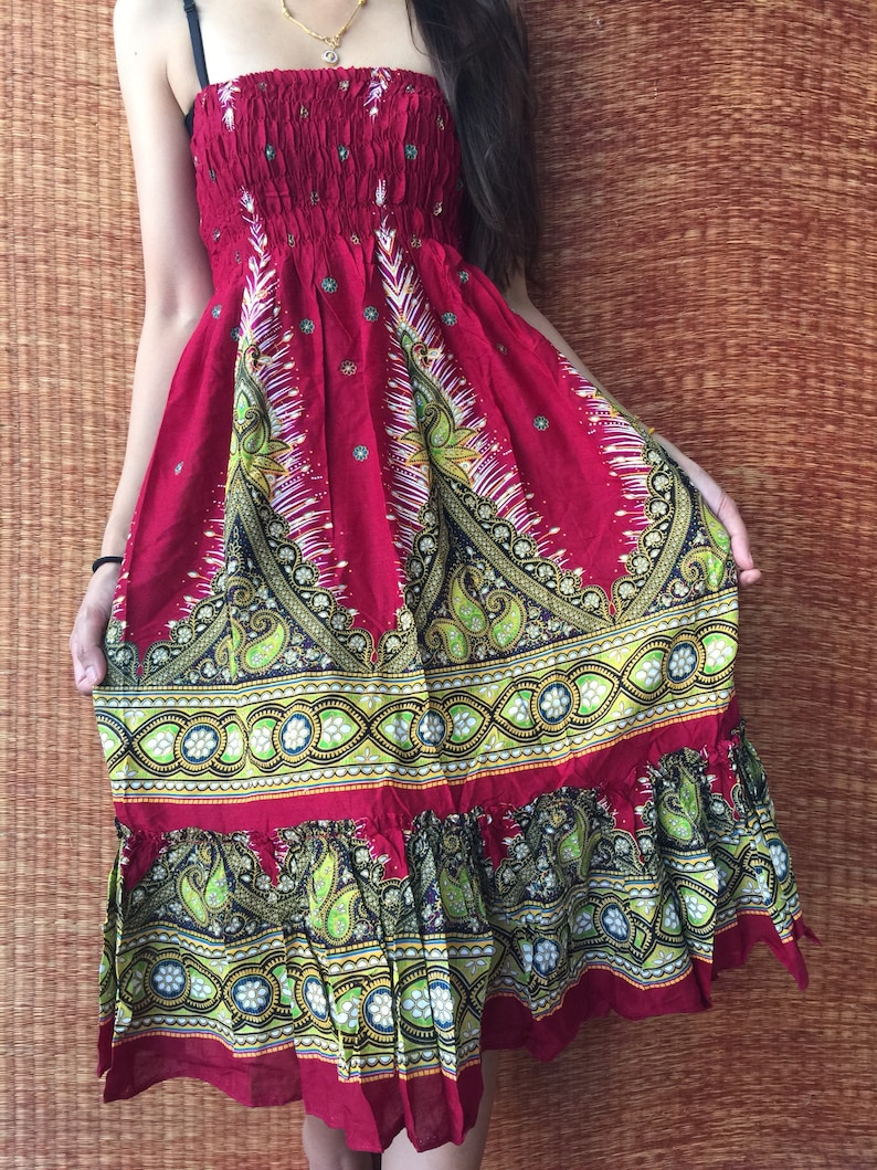 Boho Hippie Strapless Dress Gypsy Skirt Festival Outfit for Women Summer Beach cloth Sundress Paisley peacock Bohemian Vegan fashion Unique