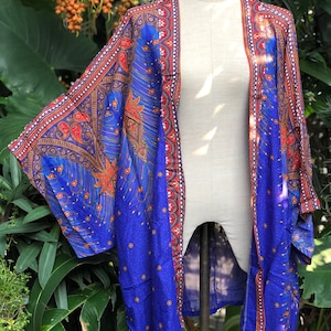 Festival Kimono Cardigan blazer Hippie Gypsy Bohemian Boho Rave outfit Peacock Paisley Top Cover Summer plus size Burning man women men gold Blue