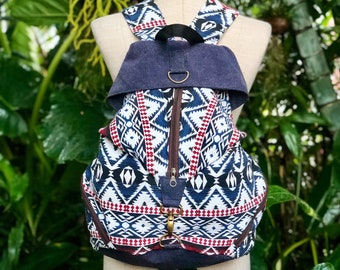 Vintage Blue Woven Backpack Southwestern Boho Festival Cotton Bag Southwestern Duffel Bag - The Campos Go West Weekender main image 4