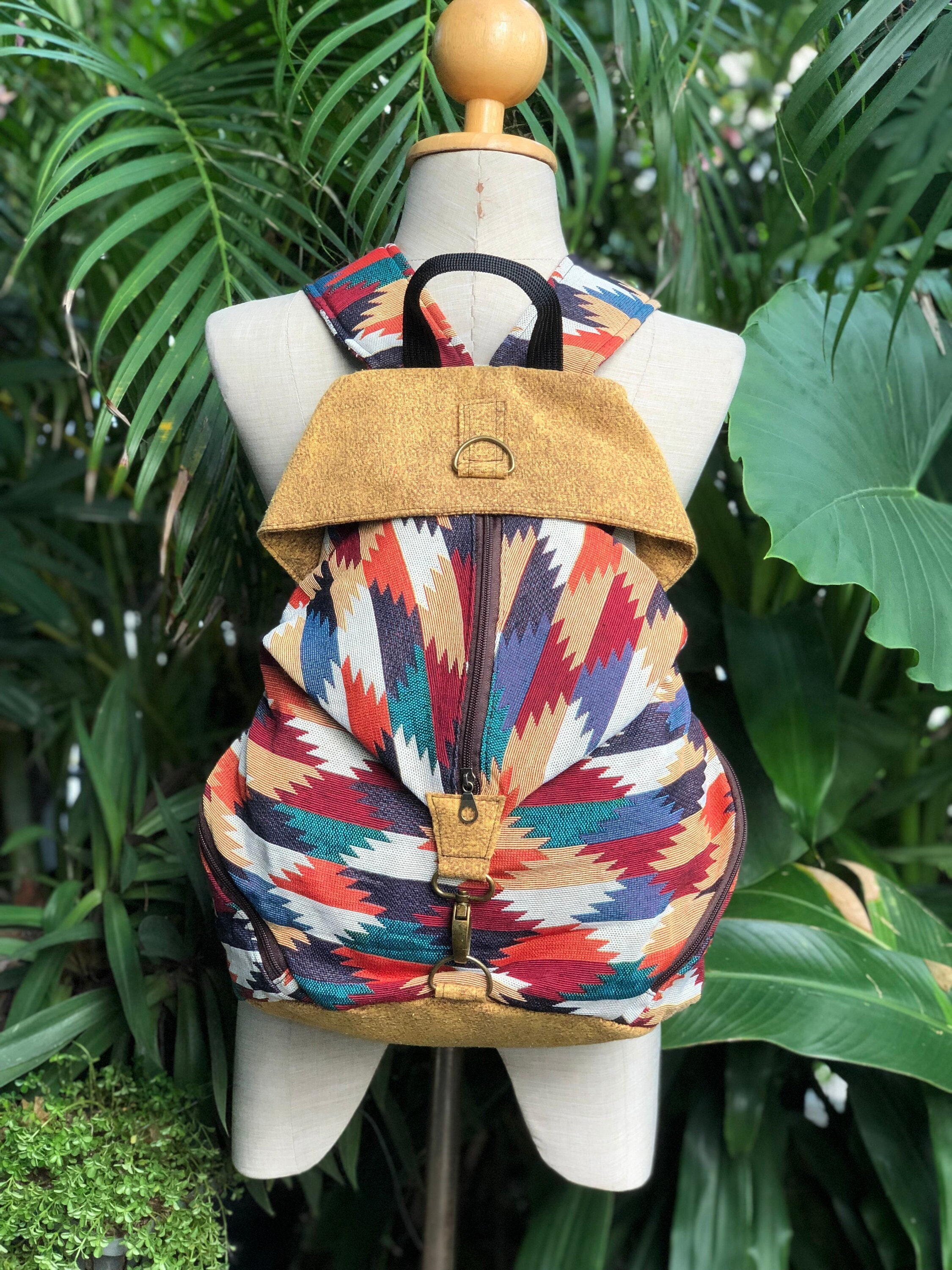 Handmade Southwestern Boho Aztec Woven Backpack Suede Leather Woodstock Artisan Aztec Inspired Vegan Tooled Leather Backpack in Wildlife  main image 3