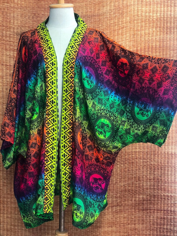 Rainbow Elephant Kimono Cardigan blazer Hippie Oversize Gypsy Bohemian Pride Rasta clothing Cover plus size for women men Rave accessories