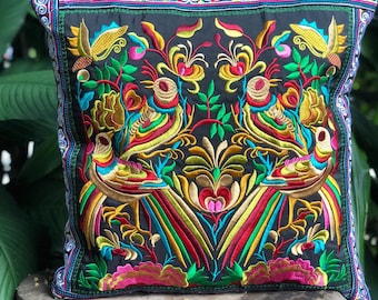 Hmong Broderi Fågelmotiv Örngott Örngott Blommor Hippie Kuddfodral Hem Säng Vardagsrum Dekoration Zen Guld Orientalisk Stil