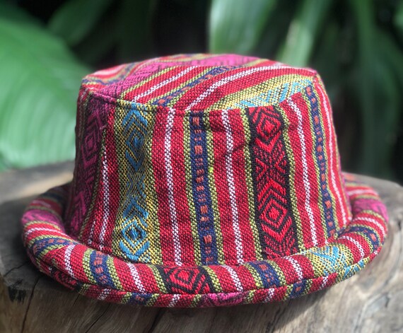 Chapeau à bord roulé, vêtements de style bohème ethnique hippie aztèque,  tapis anti-drogue, coton naturel tissé Baja, festival hommes, femmes, seau,  chapeau hipster, cadeau unique -  France