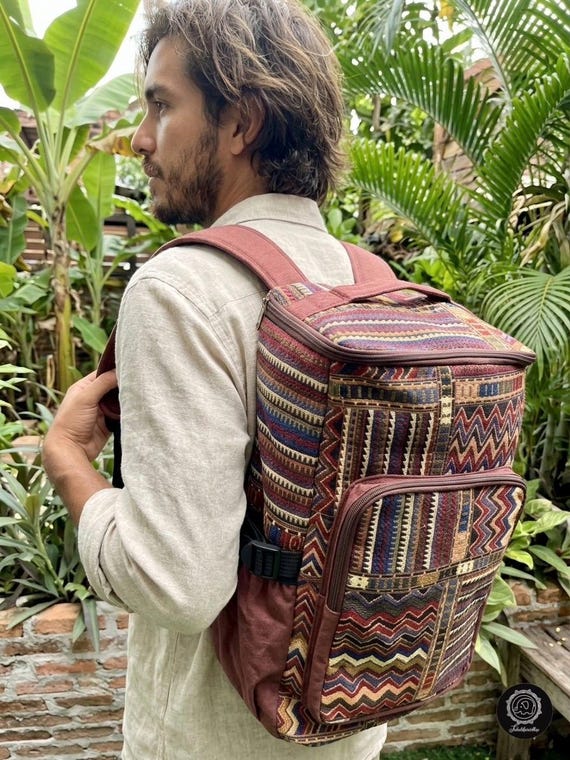 Woven Brown Boho Backpack with Front Pocket Woven Leather Backpack: Boho Travel Rucksack, Convertible  main image 4
