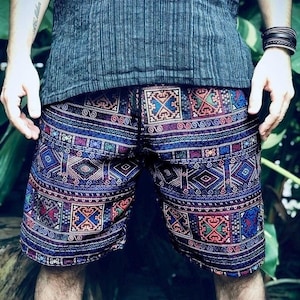 Pantalones cortos tribales aztecas para hombre, estilo hippie, bohemio, festival, gitano, vegano, estilo suroeste, playa, verano, Burning Man, atuendo unisex