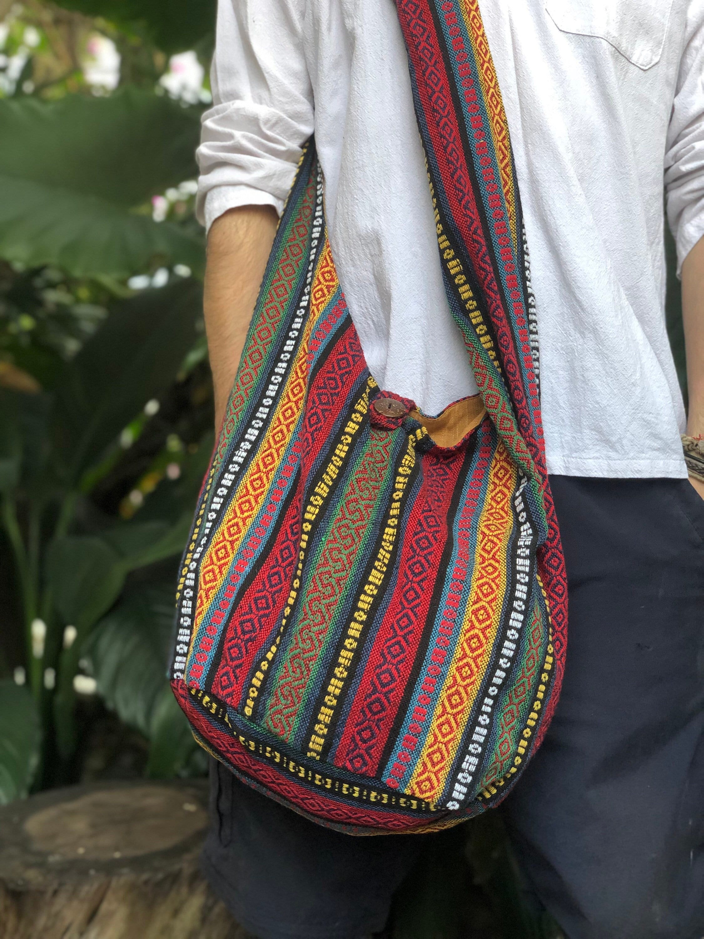 Hippie Appliques Multicolored Cotton Hobo Bag | Purses-Bags | Multicoloured  | Stonewash, Applique, Pocket, Tie-Dye, Bohemian, Handmade