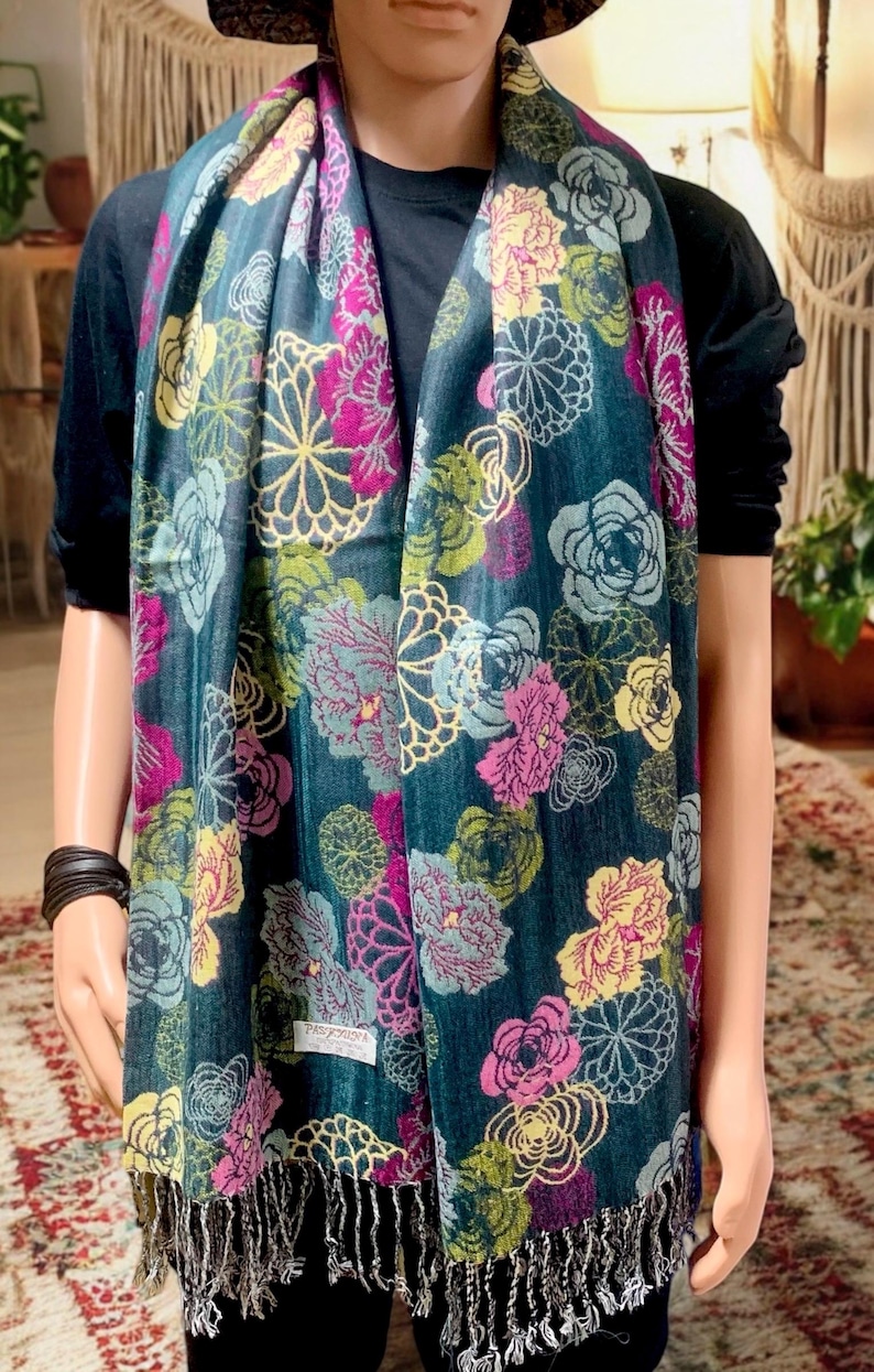 Florals Pashmina Scarf Stylish Flower print Festival Scarves Boho Bohemian Gypsy Head Wrap Turban unique Gift Women men Colorful Gypsy Vegan Green