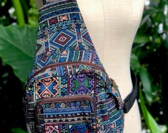 Ethnic Tribal Sling Chest Bag Festival Boho Woven bag backpack Men Blue Hippie Bohemian Style Baja Crossbody bag Traveler Vegan Gift Unique