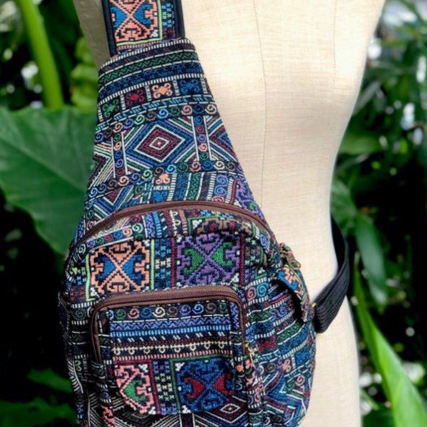 Ethnic Tribal Sling Chest Bag Festival Boho Woven bag backpack Men Blue Hippie Bohemian Style Baja Crossbody bag Traveler Vegan Gift Unique