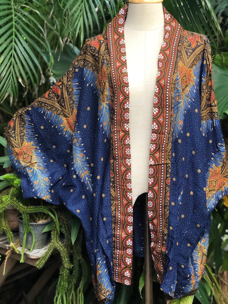 Festival Kimono Cardigan blazer Hippie Gypsy Bohemian Boho Rave outfit Peacock Paisley Top Cover Summer plus size Burning man women men gold Dark blue