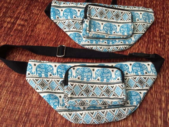 Fanny pack Blue elephants printed Hip bag Boho bum bag Sac banane Hipster Styles belt belly Pouch Travel phanny waist bags Ikat Unisex Men