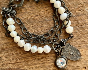 St. Michael the Archangel Charm Bracelet w/ Freshwater Pearls Catholic Jewelry