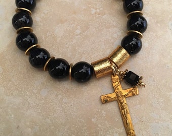 Black Beaded Crucifix Bracelet w/ Vintage Cross Gold and Black Catholic Jewelry