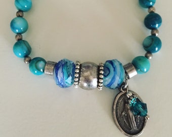 Virgin Mary Turquoise Charm Bracelet w/ Vintage Miraculous Medal Catholic Jewelry and Catholic Gifts