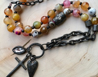 Cross Necklace w/ Fire Agate Beads and Rustic Charms Christian Jewelry