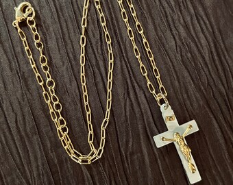 Vintage French Bakelite Crucifix Charm Necklace Gold and White Catholic Jewelry and Gifts