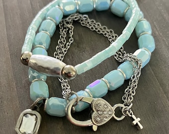 Pale Aqua Beaded Bracelet Set Virgin Mary and Cross Charms Catholic Jewelry