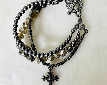 Gunmetal 3-Strand Beaded Cross Bracelet Czech Mercury Glass Rondelles Catholic Jewelry