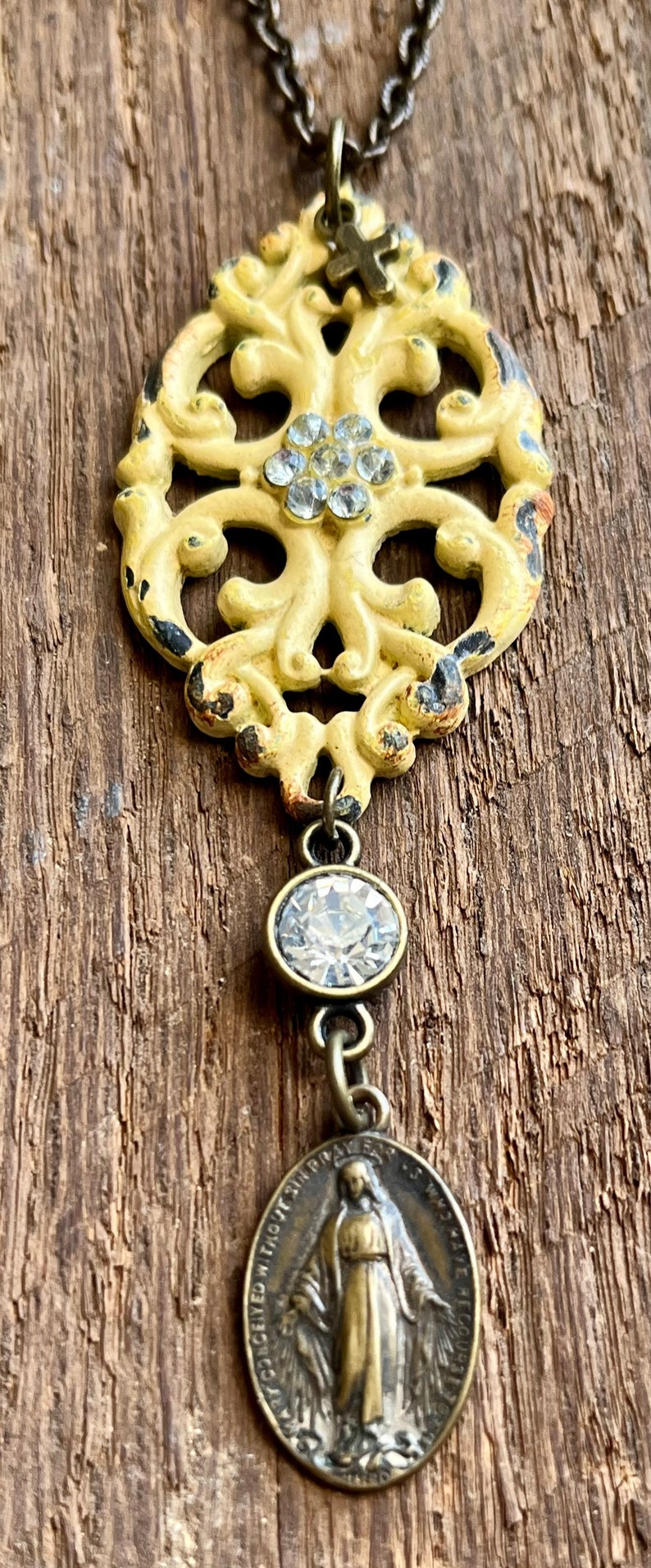Vintage Miraculous Medal Virgin Mary Rustic Necklace Yellow Accents