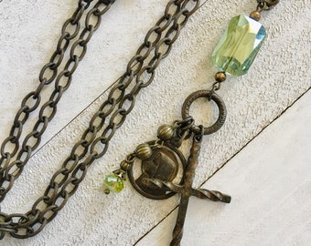 Our Lady of Lourdes Rustic Cross Necklace Catholic Jewelry