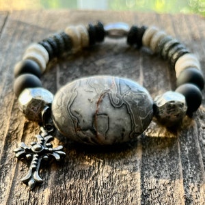 Black and Gray Beaded Cross Bracelet Christian Jewelry