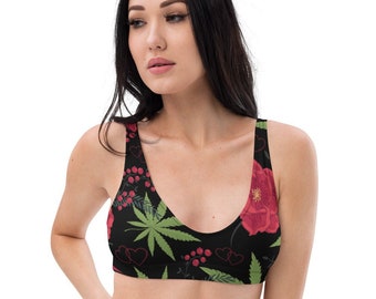 Cannabis and Roses Bikini Swimsuit Top with Removeable Pads